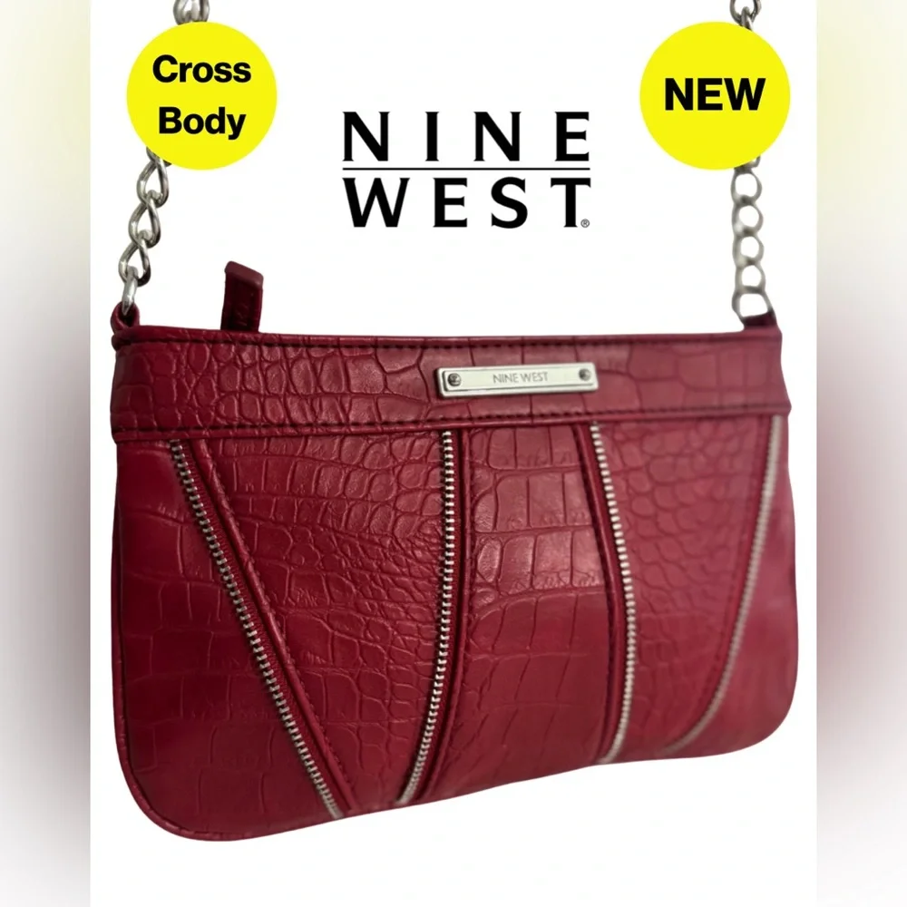 2/for $20 🪩 NINE WEST Red Croc Textured Crossbody, Chain Straps